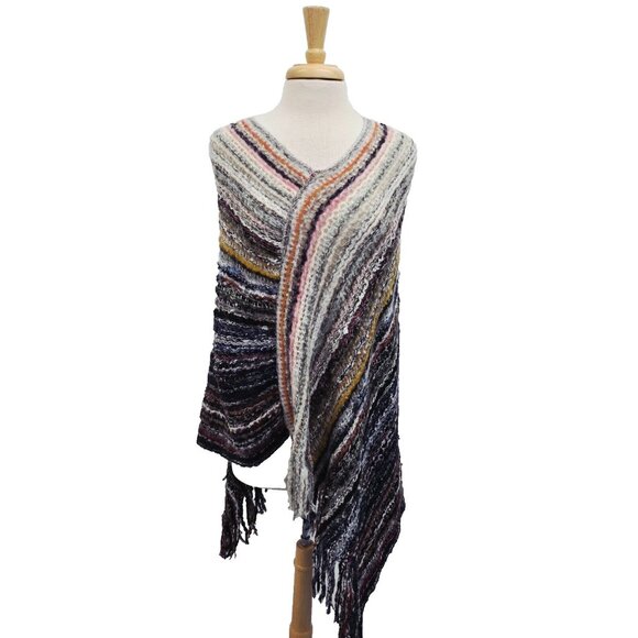 PINKLICIOUS Multicolor Striped Knit Poncho Fringe OS Gypsy Boho Festive Hippie - Picture 1 of 12